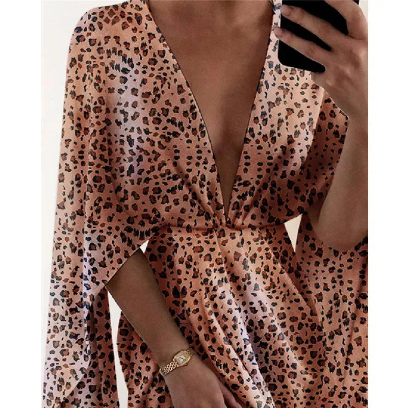 

Women Plunge Ruched Detail Slit Cape Dress Cheetah Print Sexy V Neck Party Dress