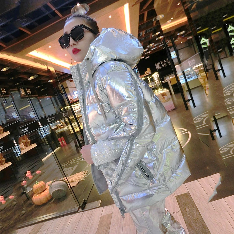 

Winter Jacket Women Hooded Metal Silver Down Parkas Warm Jacket Padded Clothes Female Zipper Outerwear Hat Coat MY133