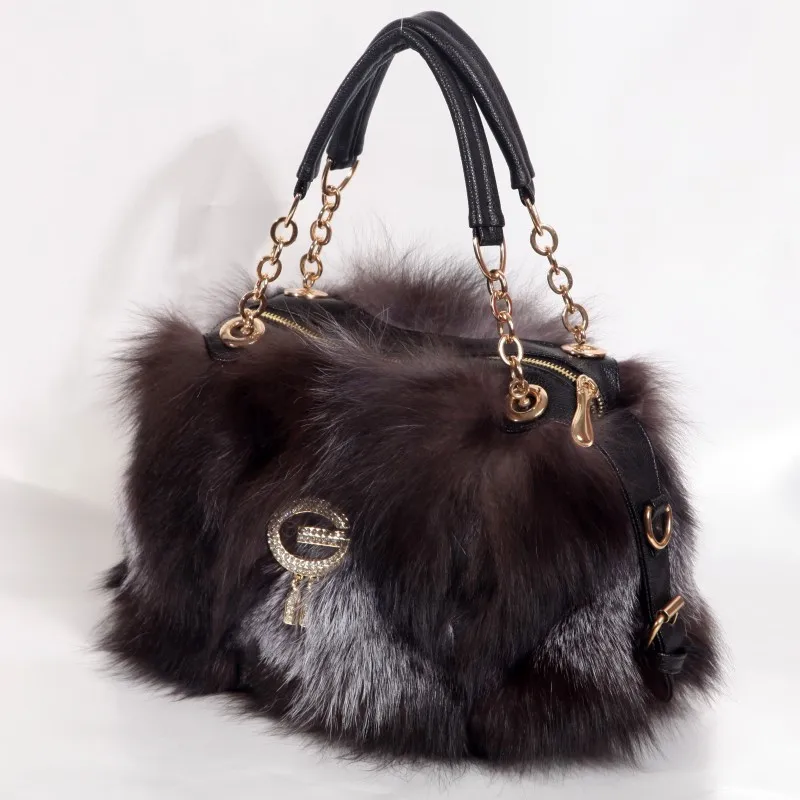 Real Fox Fur Bags Brand Party Bag Women Handbags Shoulder Messenger  Luxury Designer Evening Bag Large Capacity Mink Leather