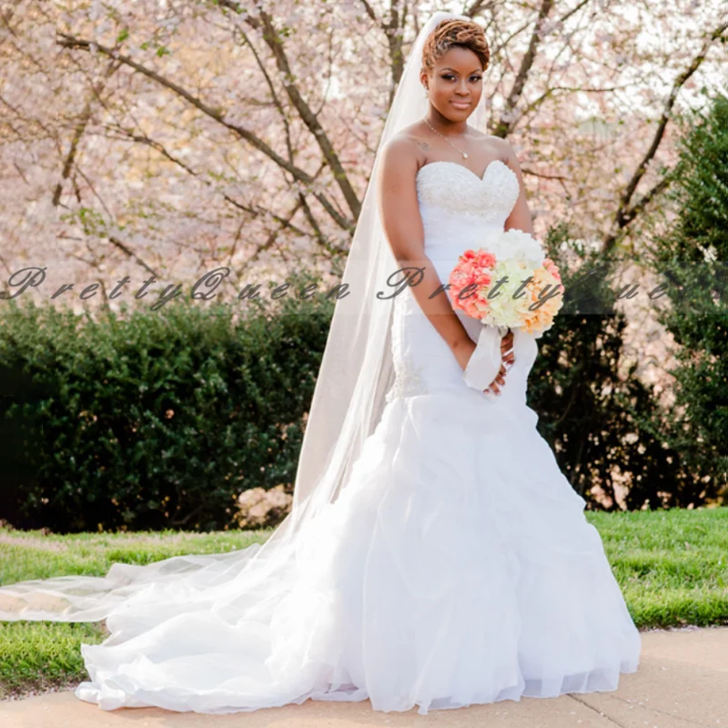 

2021 White Tulle Mermaid Wedding Dress With Appliques Beads Robe De Soiree De Mariage Women Sweetheart Long Train Bridal Dresses
