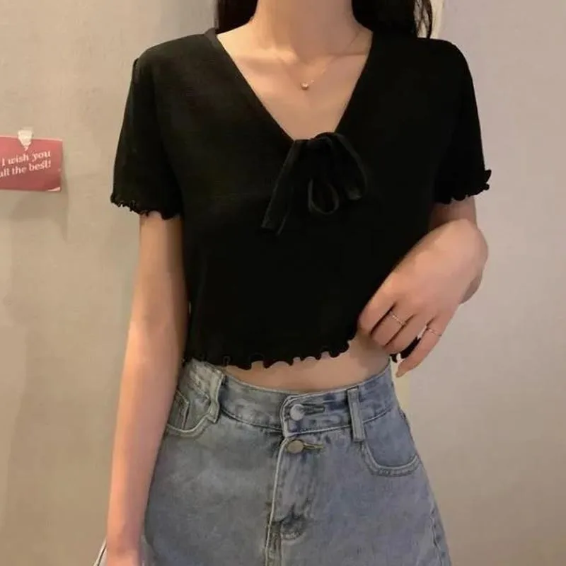 

T-shirt women's summer 2021 new short style open navel slim bow ear edge short sleeve Spice Girl Top Collar type No velvet bow