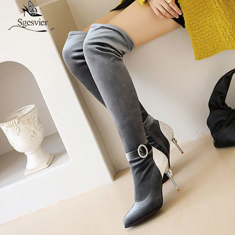 

Женские обтягивающие сапоги Sgesvier, из искусственной замши, на тонком каблуке, с острым носком, зимние сапоги стрейч