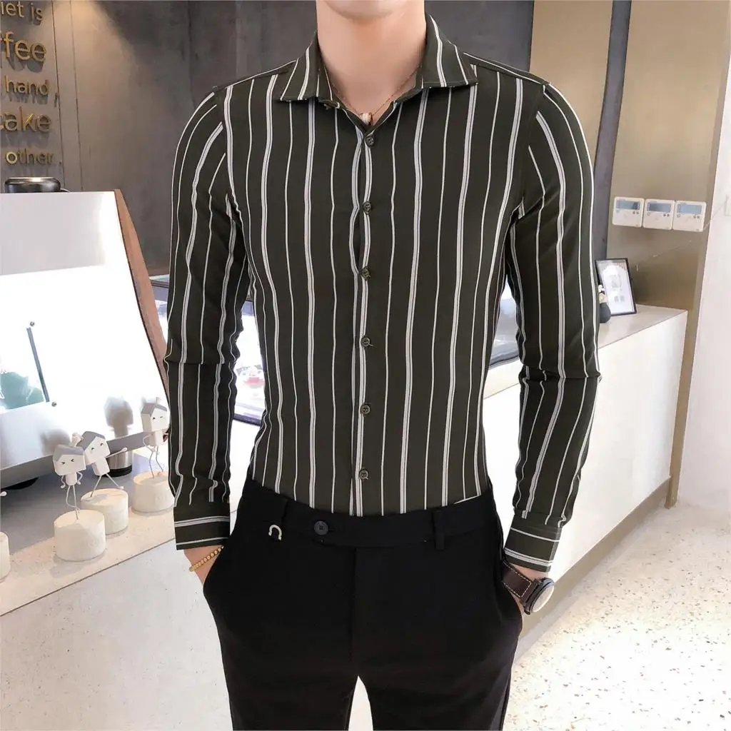Мода 2019 Черная Мужская рубашка в полоску мужская высококачественные мужские