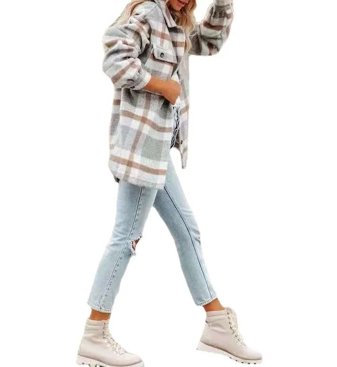 Women New Fashion 2021 Winter Warm Shirt Loose Casual Tops Coat Long Sleeved Loose Plaid Shirt Tweed Coat Female