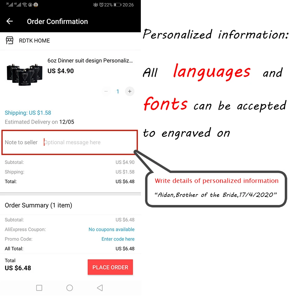 6 унций дизайнерский обеденный костюм Персонализированная плоская колба под