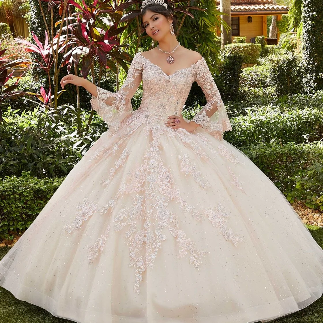 

Шикарное бальное платье 2022, платья для Quinceanera, кружевная юбка из искусственной тюли с длинным рукавом и V-образным вырезом, милое маскарадное...