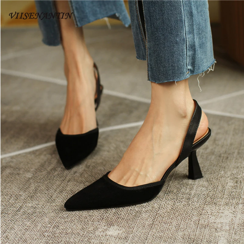 

Leather frosted pointed toe sandals female summer French retro black yellow stiletto simple high-heeled sandals