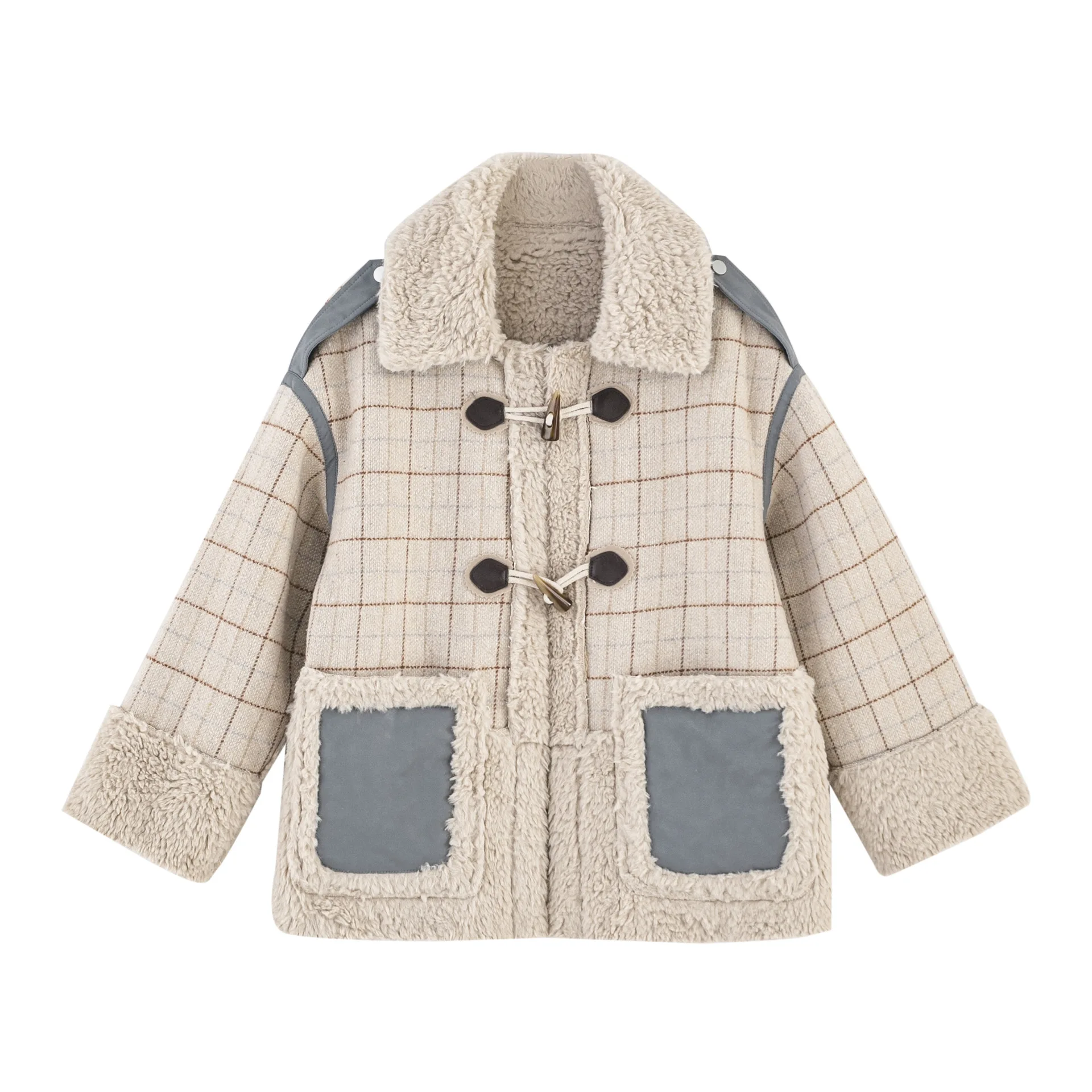 

Women Autumn Winter Vintage Plaid Short Lamb Wool Coat Jacket Straight Loose Woolen Overcoat Single Breasted Parkas Coat