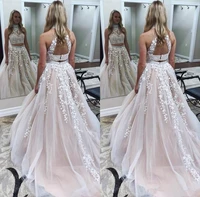 high neck two pieces prom dresses 2019 sequins lace applique sleeves key hole back party formal evening gown vestidos de gala