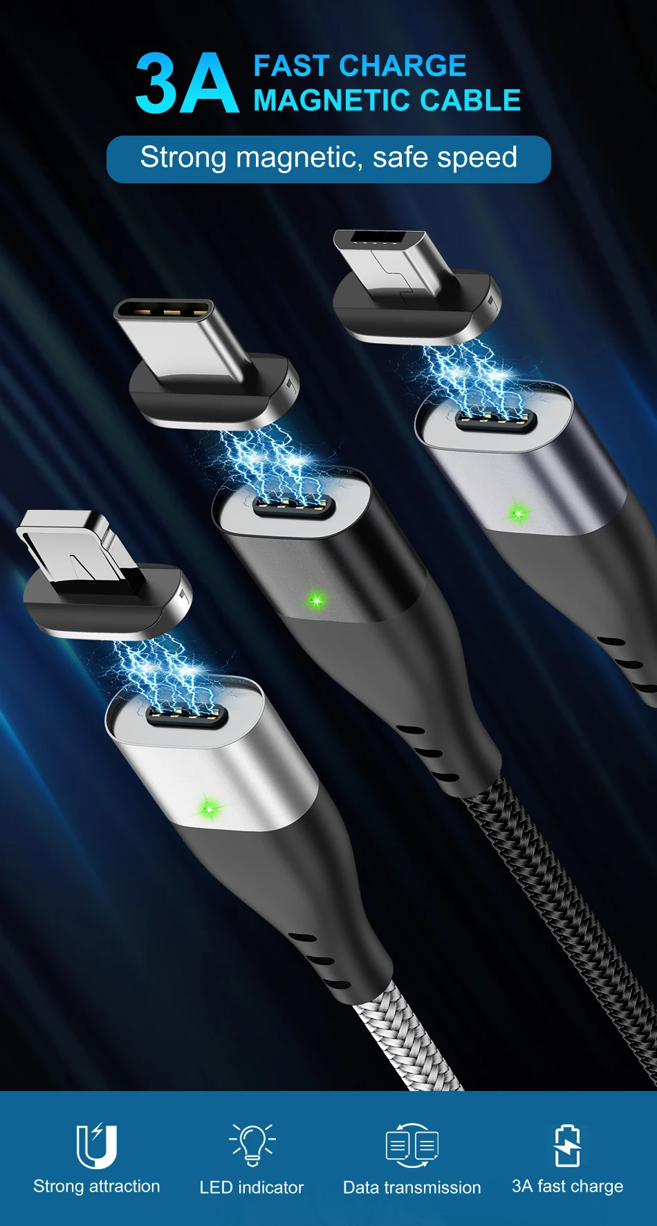 USLION Магнитный кабель Micro USB для iPhone samsung 3A, кабель для быстрой зарядки и передачи данных, Магнитный зарядный кабель usb type C, кабель для телефона Android