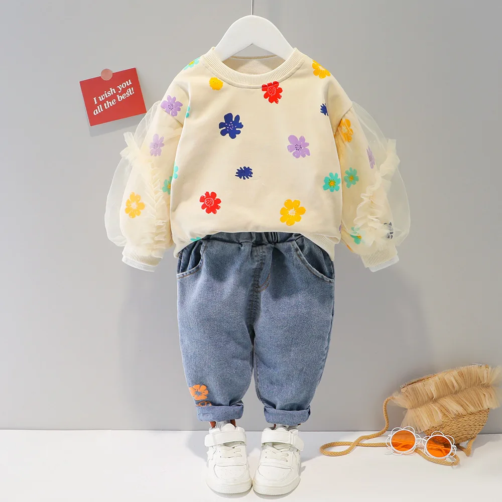 

2021 Children's Girls Spring And Autumn New Long-Sleeved Sweater Suit Baby Western Style Cotton Two-Piece Suit