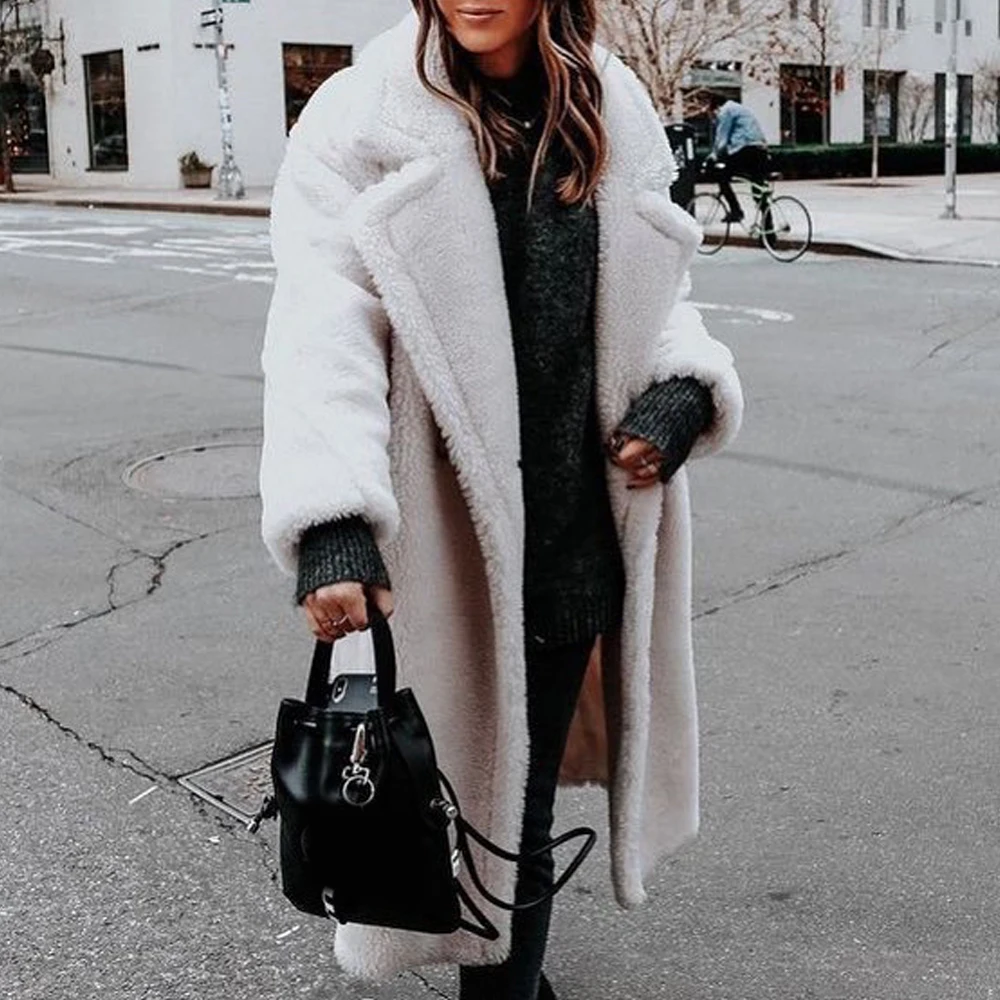 

Fashion Long-sleeved Lapel Winter Blends Coat for Women Double Buttons Solid Color Streerwear Thicken Warm Long Overcoats Female