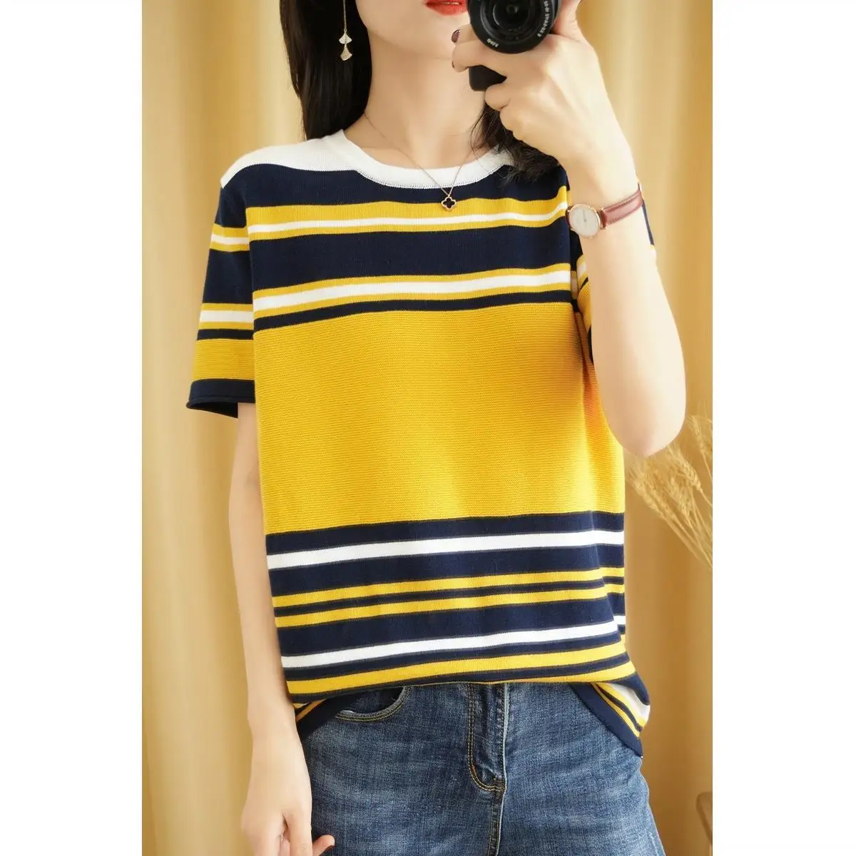 

pure cotton 21 summer new striped knitting short sleeve thin loose bottomed T-shirt