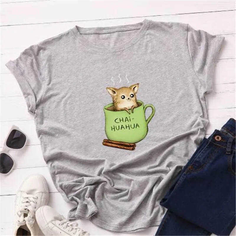 

Women Summer CottonT Shirt Plus Size Cotton Cute Dog Chihuahua Print Short Sleeve Graphic Tees Top Casual O-Neck Female TShirts