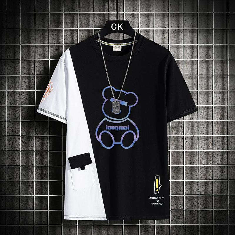 

Men's Short Sleeved Pure Cotton Bottoming Shirt T Shirt Youth Men's Loose Korean Version Of The Two Color Splicing Casual Top