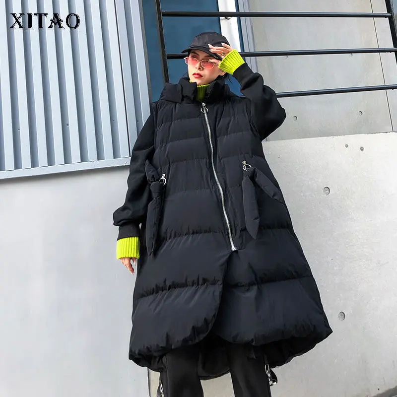 XITAO длинная Черная Женская парка модная новинка с карманами капюшоном воротником