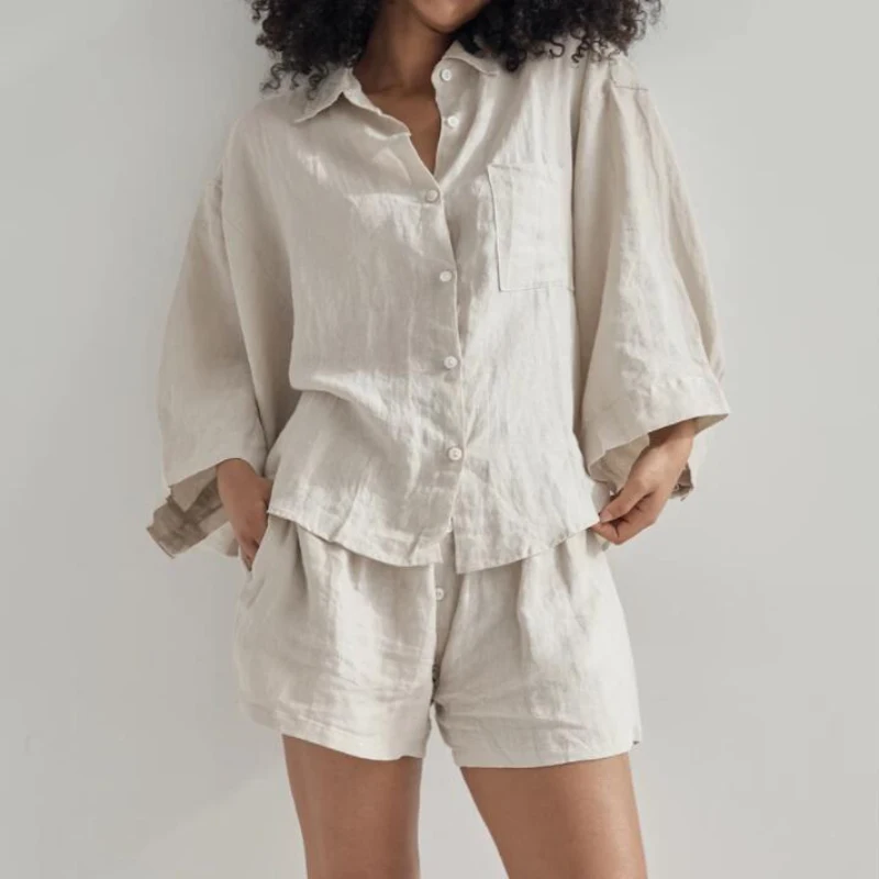

Summer Two Piece Set Women 2021 Linen Casual Shorts Sets Vintage Boho Oversized Shirt High Waist Loose Shorts Mujer Sets