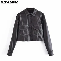 xnwmnz women basic long sleeve leather jacket 2021 autumn streetwear black women cropped jacket gothic vintage 90s outfits