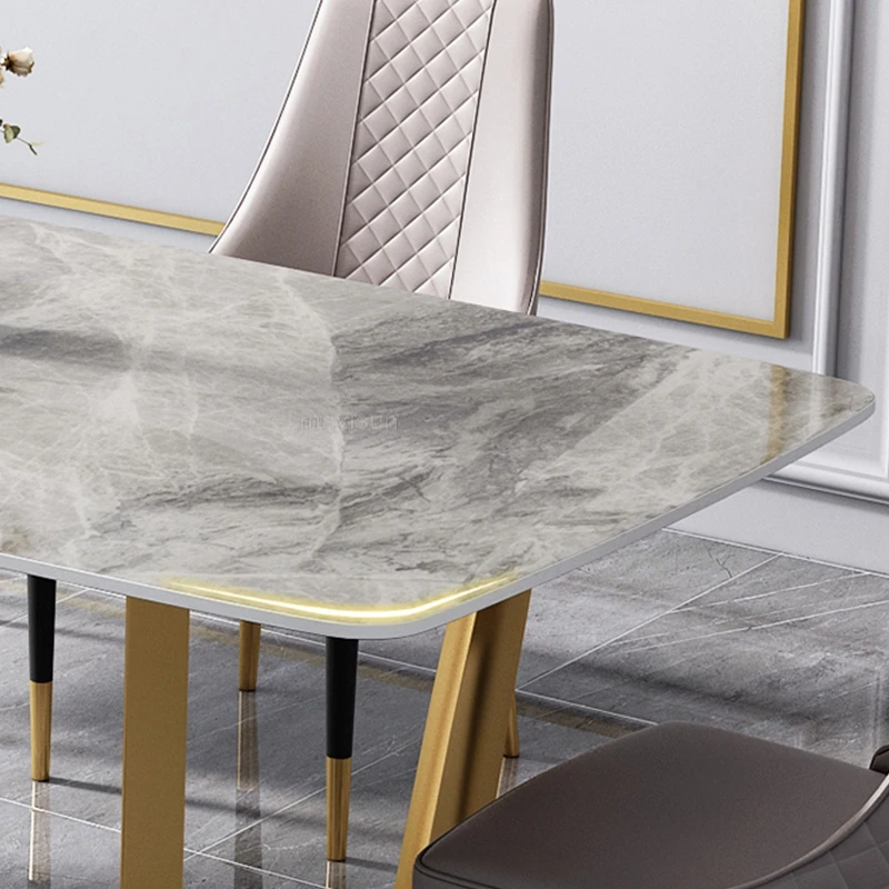 

Mild Luxury Rectangular Dining Table 8 People Electroplated Stainless Steel Marble Stone Top Table Indoor Household Furniture