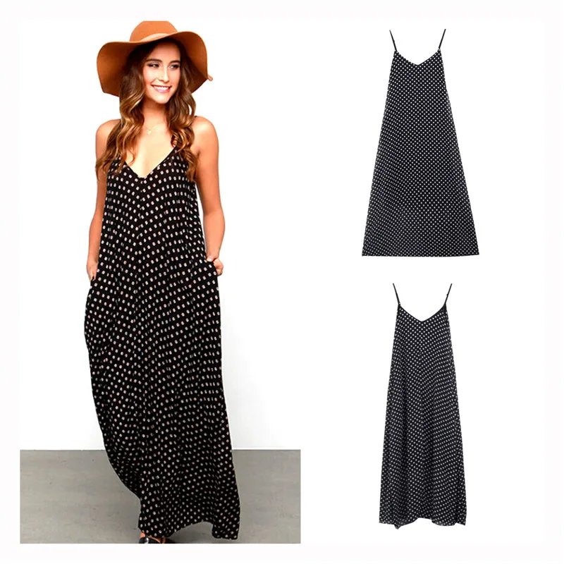 Женское винтажное пляжное платье в горошек Черное Шифоновое Платье Макси без