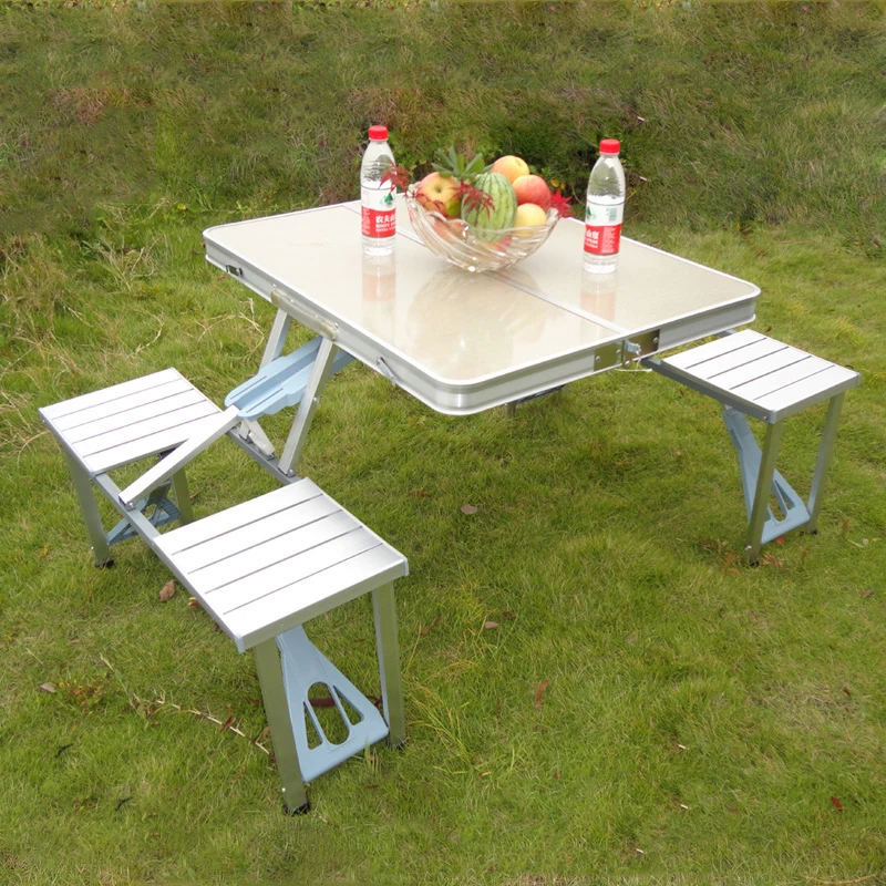 구매 알루미늄 합금 원피스 접이식 테이블과 의자 야외 통합 휴대용 테이블, 피크닉 자동차 캠핑 해변 스톨 테이블