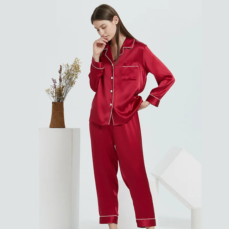 Summer 16 Momme Mulberry Silk 100% Silk Solid Long Sleeve Women's Pajamas G21041801