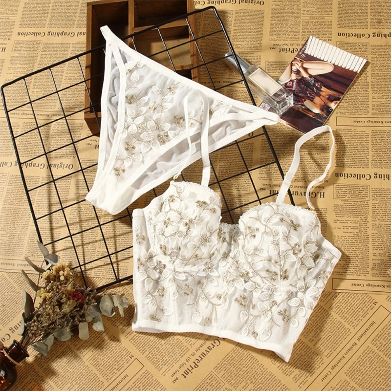 

Women Embroidered Floral Lingerie Set Push Up Underwire Bustier Corset Bra and Low Waist Panty Sexy Sheer Mesh Underwear
