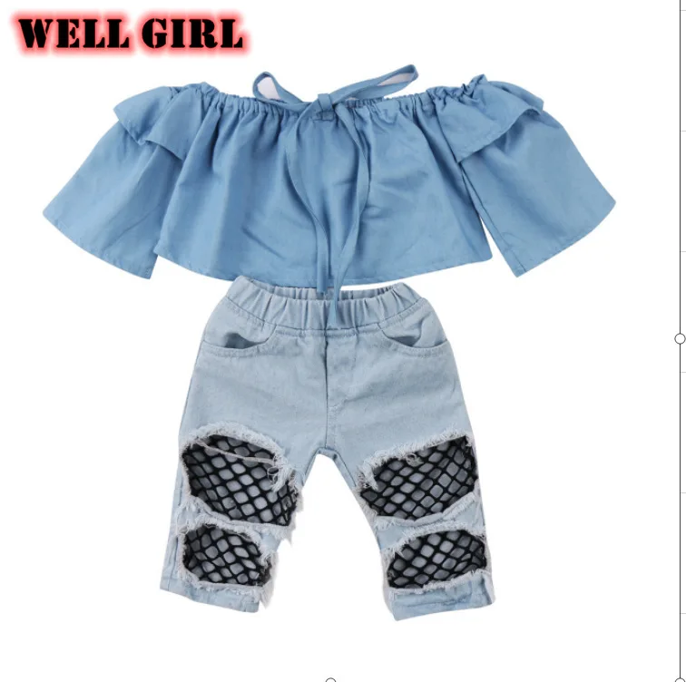 Весенняя одежда для маленьких девочек синего цвета детей джинсовая рубашка +