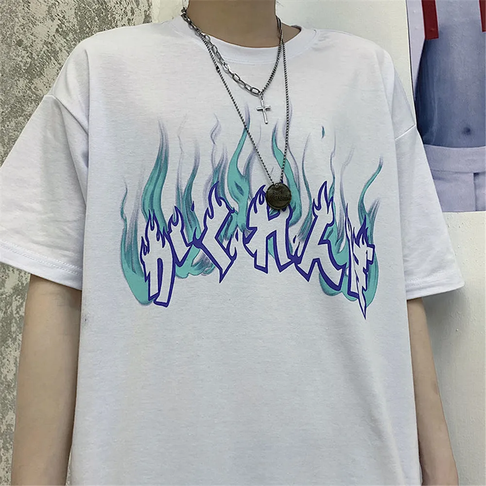 

Cool Cotton Couple Flame Print Tees Black Goth Korean Punk Tshirt Black Harajuku Ladies Sweatshirt Loose White Girls Tops Femme