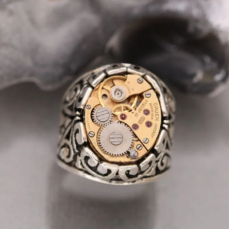 Punk Mechanical Watch Design Gear Rings Men's Cool Accessories Antique Metallic Two Color Finger Women Modern Jewelry | Украшения и