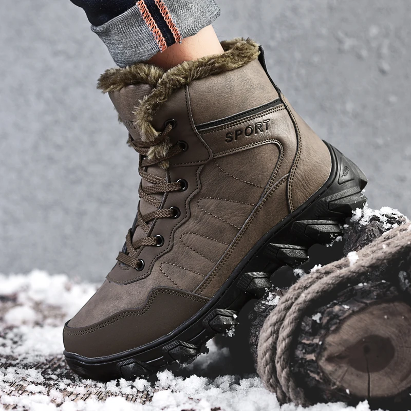 

Brand Leather Men Boots Winter with Fur Warm Snow Boots Man Casual Outdoor Shoes High Quality Waterproof Ankle Boots Men Size 48