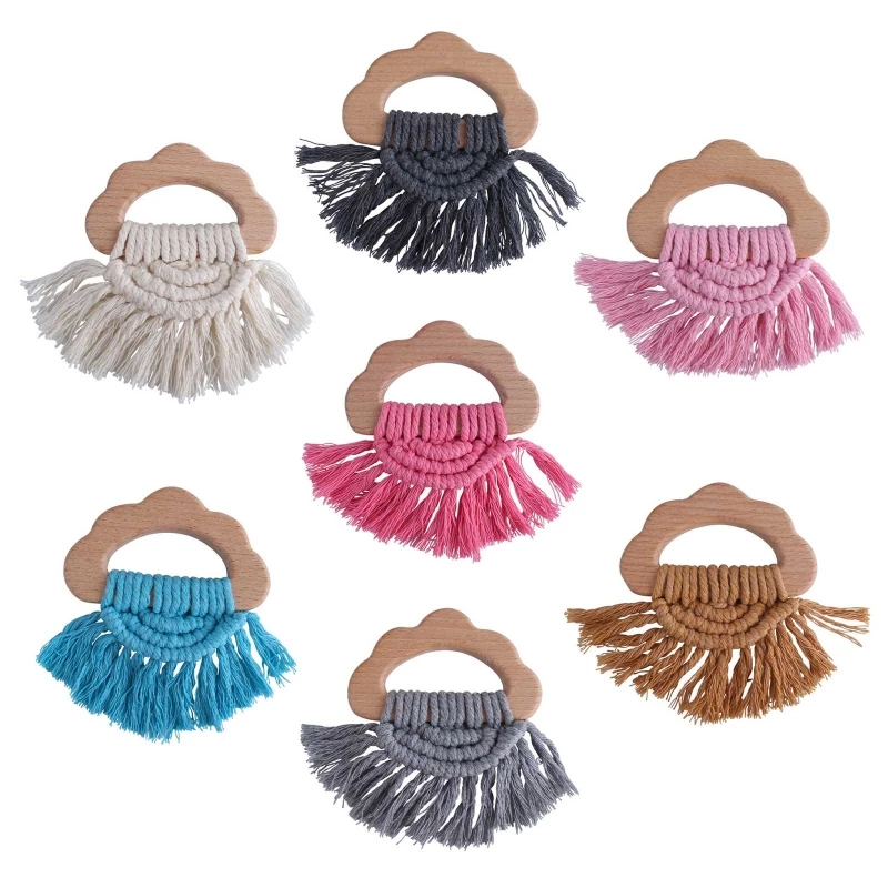 

Baby Wooden Teether Rattle Bracelet Crochet Cotton Thread Tassel Pendant Infants Clouds Shape Soother Molar Teething Sensory