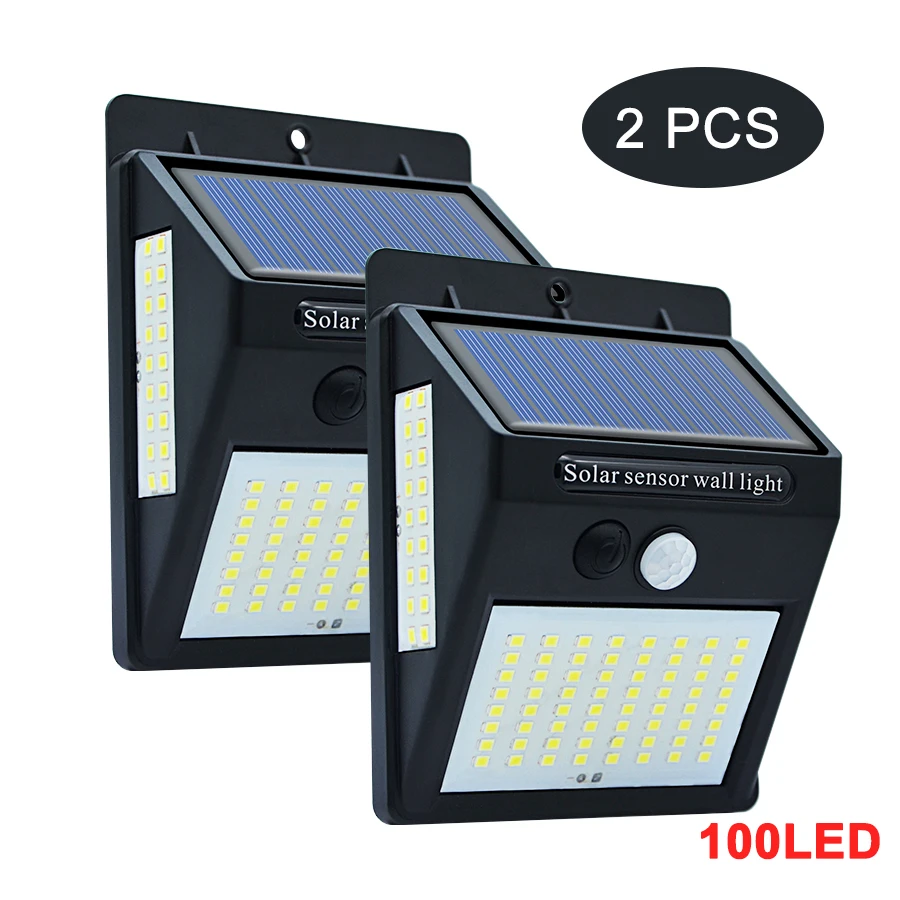 2pcs 100LED Lamps 30/40/100 светодиодный открытый стенная солнечна лампа движения PIR Сенсор Водонепроницаемый светильник садовый светильник путь аварийного безопасности светильник 3-сторонняя - Испускаемый цвет: 2pcs 100LED Lamps