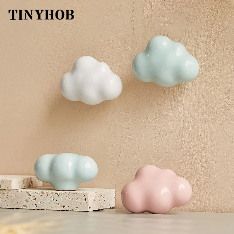 Дверная ручка для детского шкафа White Cloud крючок розовая керамическая и синие