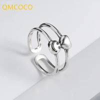 qmcoco korean new silver color ring retro heart shape fashion simple smiling face double line creative personality open ring