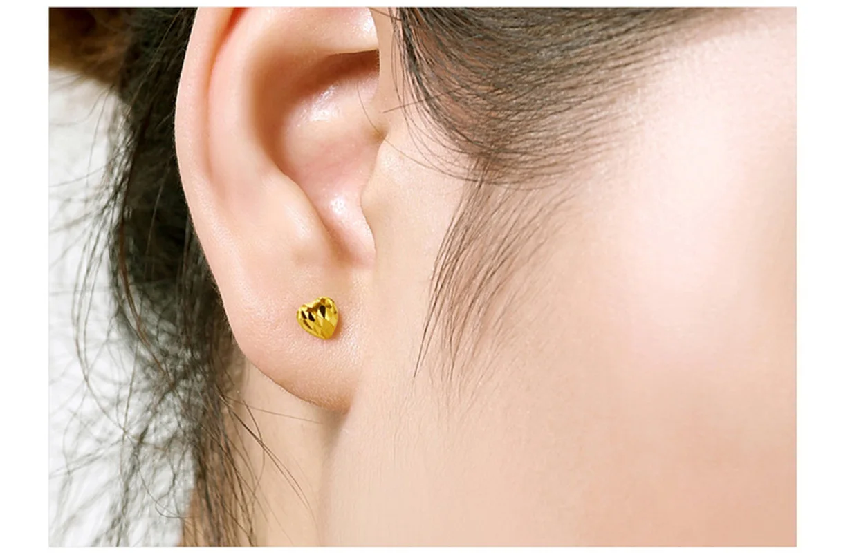 

Classic Heart 18k Real Genuine Solid Gold AU750 Diamond Carve Stud Piercing Earrings for Women Girl Fancy Wedding Jewelry Gift