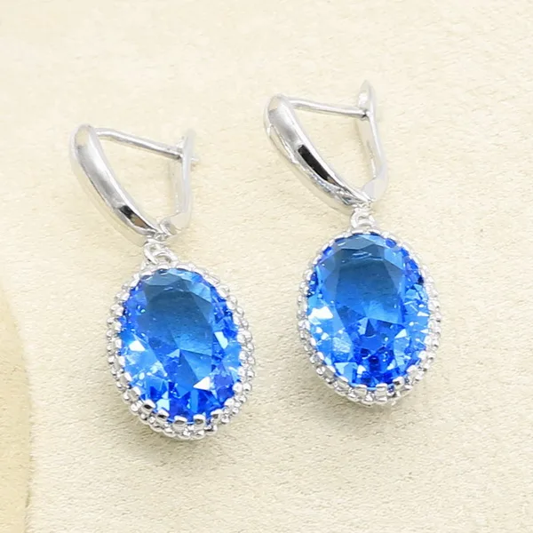 Earrings Геометрические голубые циркониевые 925 пробы серебряные свадебные украшения Набор для Для женщин браслет, серьги, ожерелье кулон подарочные коробки для колец - Окраска металла: Earrings