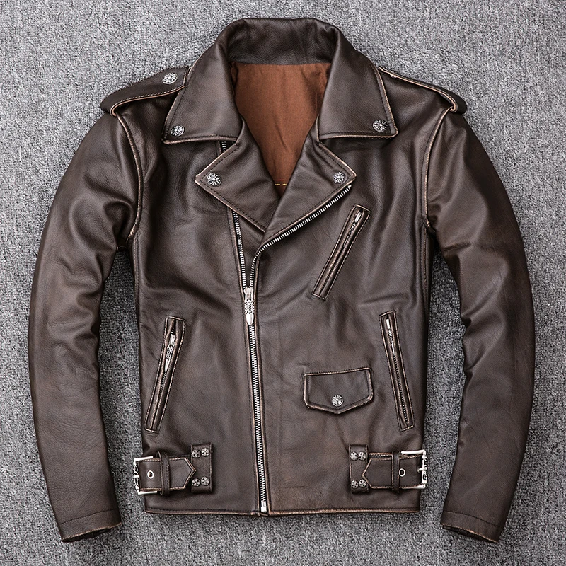 Мужская винтажная байкерская куртка из воловьей кожи с отложным воротником
