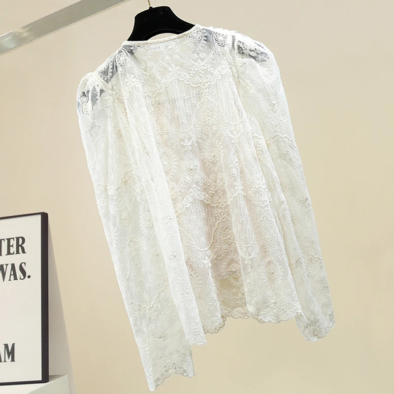 2021 Spring Women Blouse Embroidery Fashion Tops Trendy Girls Lace Hollow Out V Neck Beading Shirt Women
