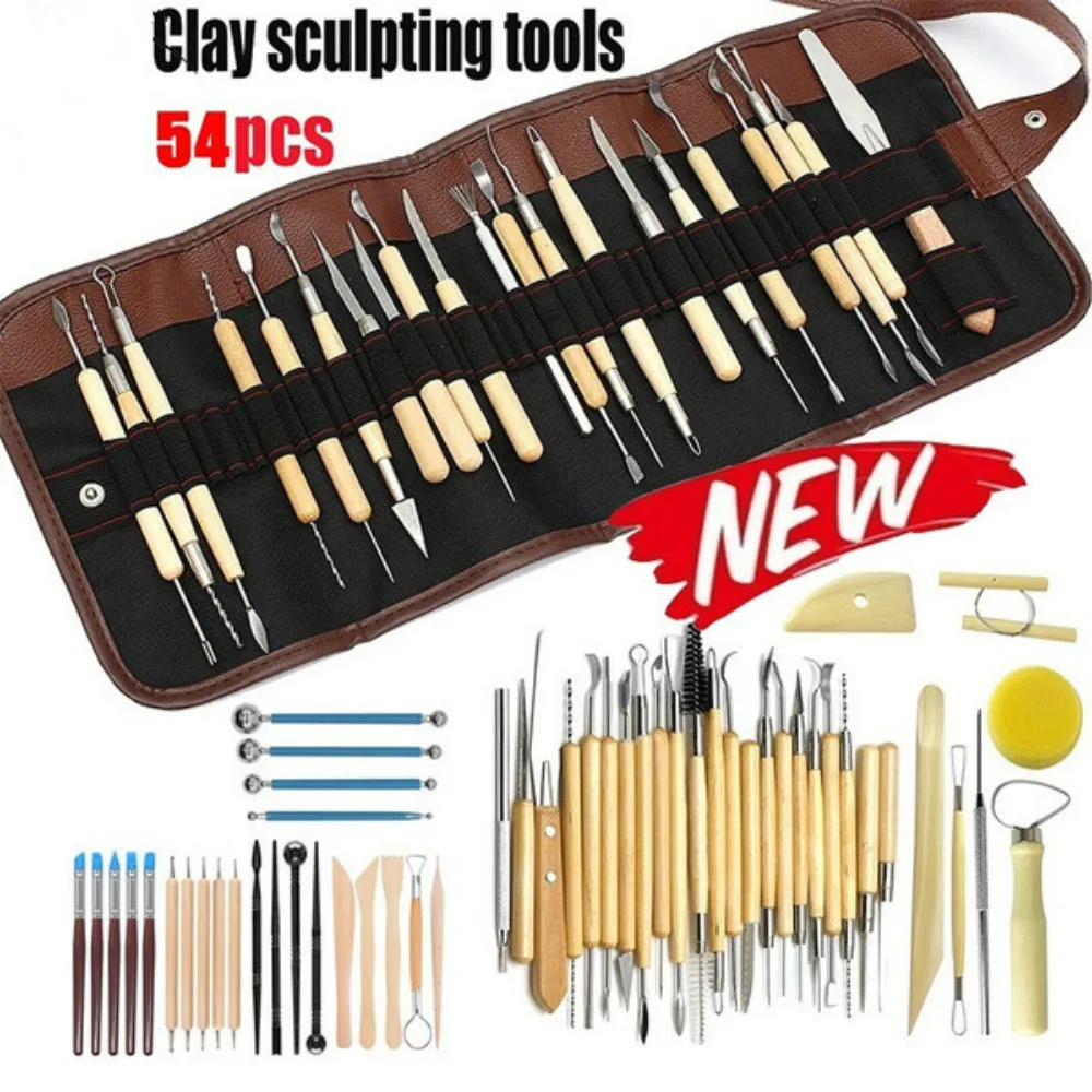 

54pcs DIY Clay Pottery Tool Set Drill Pen Ceramics Sculpting Carving Sculpture Craft Wooden Handle Modeling Kit Wholeasle