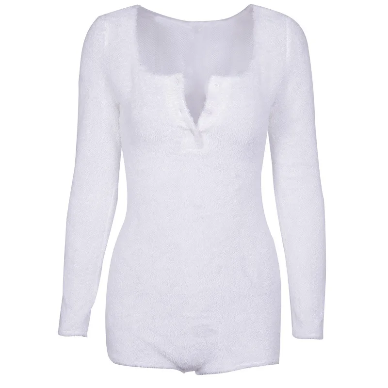 

European and American ins women's 2021 autumn and winter new one-piece sexy button solid color plus velvet one-piece