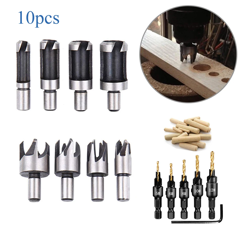 

10X 1/4 Hex Countersink Drill Bit Wood Plug Cutter Woodworking Screw Holes Set