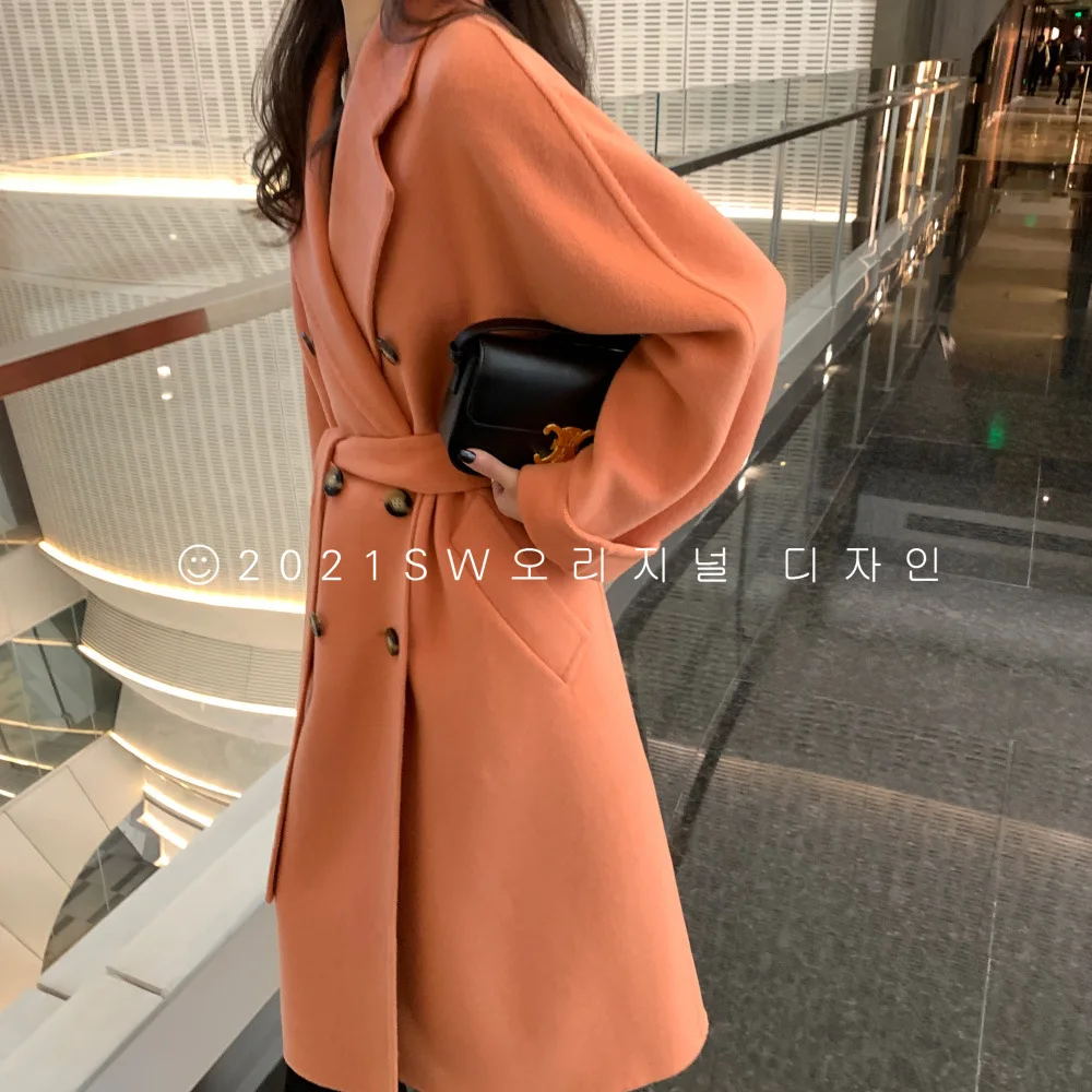 

Winter 2021 Korean Double Breasted Handmade Long Black 90% Wool Coat Women Loose Lacing Belt Loose Free Size Woolen Overcoat
