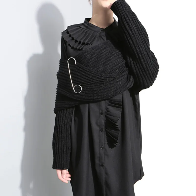 LANMREM 2020 осень новый дизайн чувственная одежда более черный вязаный свободный