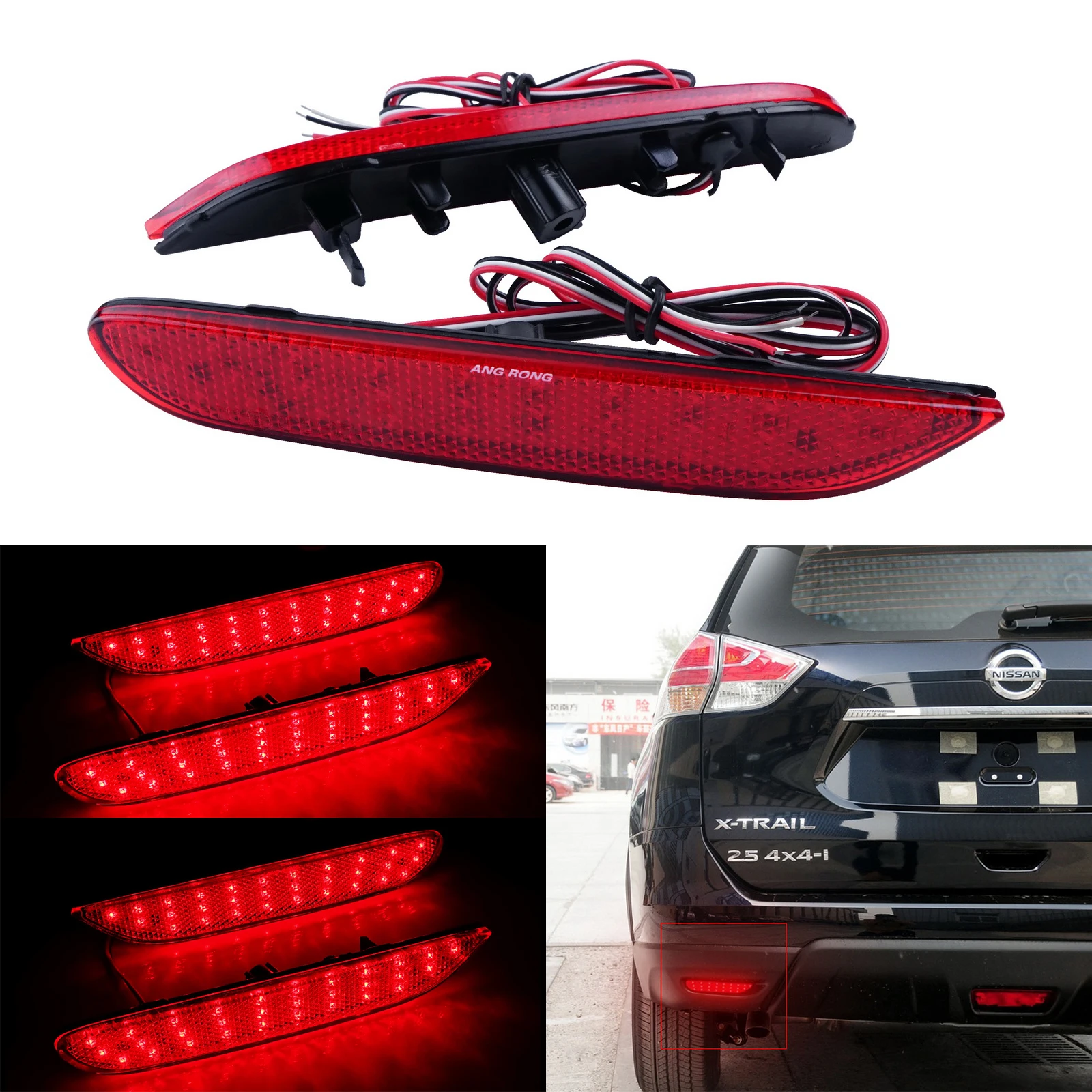 

ANGRONG 2x Red Lens Rear Bumper Reflector LED Stop Brake Light For Nissan Infiniti Rogue