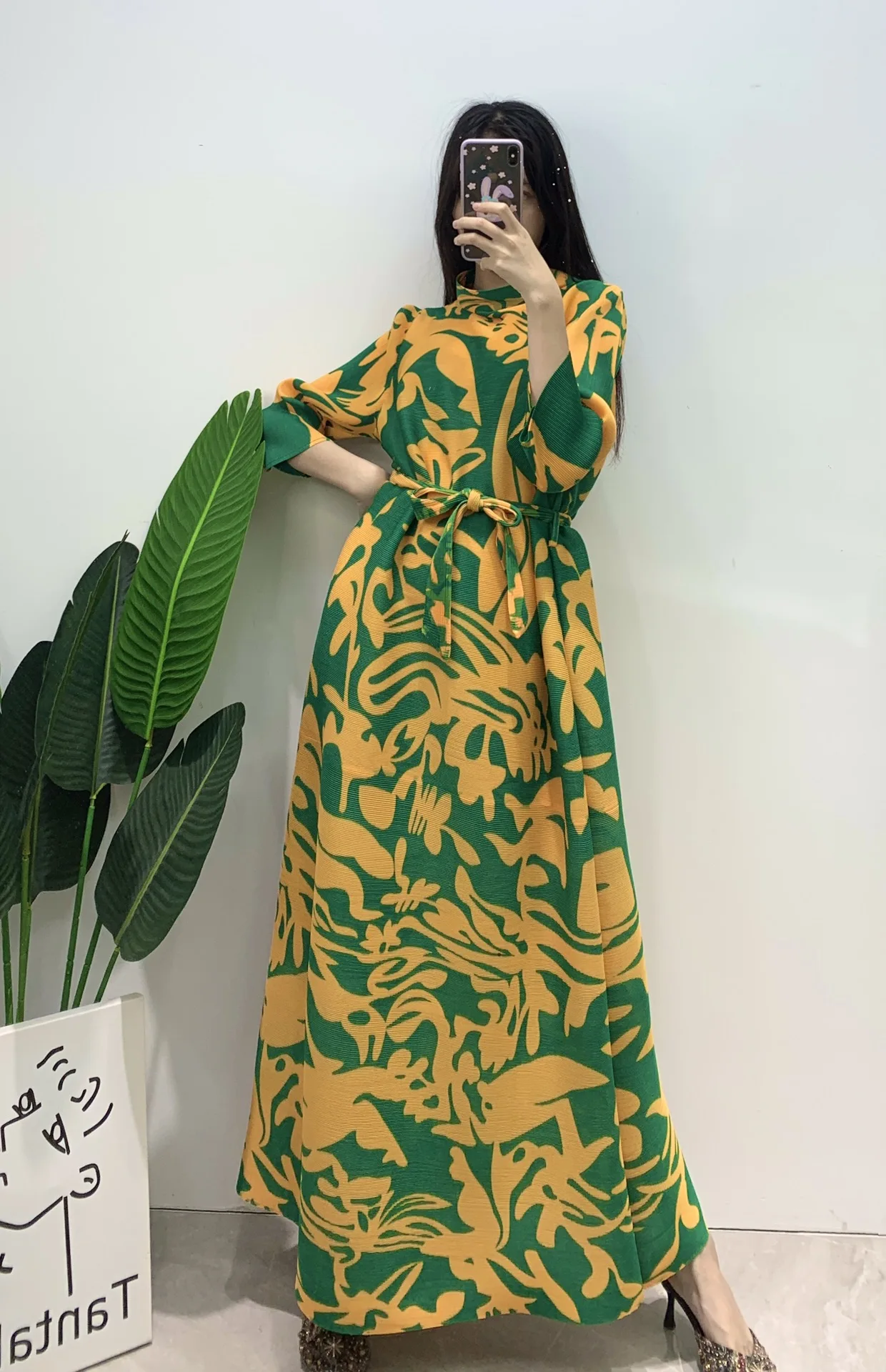 

Nice Spring Miyake Pleated Women's Long Turtleneck Dress abaya dubai Vintage Overall floral print dress Aesthetic Clothes