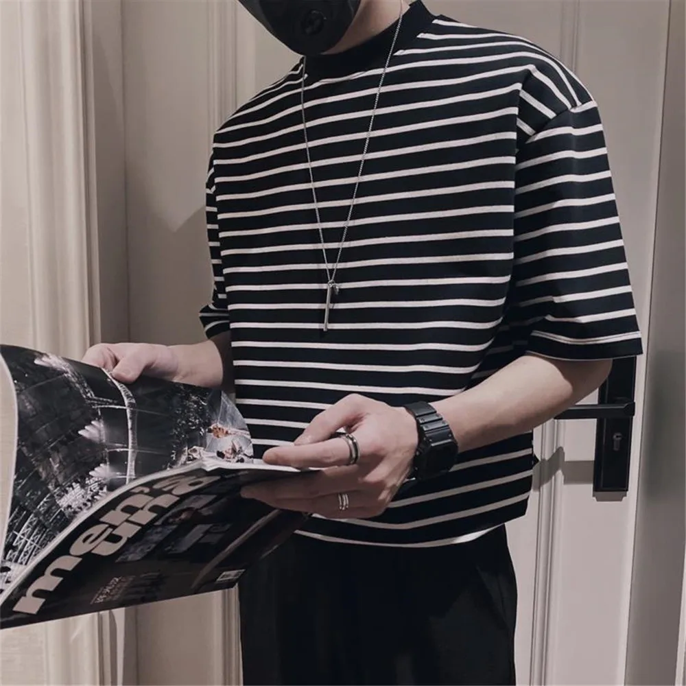 Модная футболка в полоску для мальчиков летняя водолазка Мужская японская