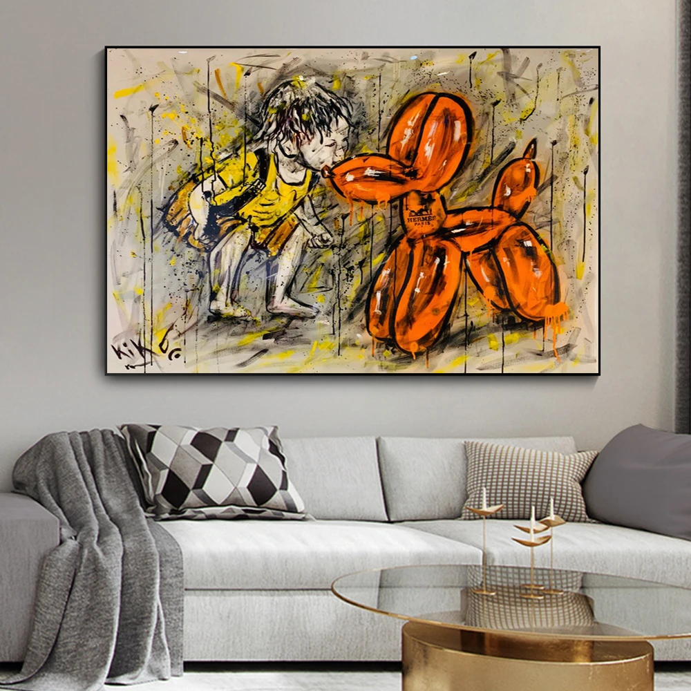 

Boy Kiss Abstract Balloon Dog Childhood Graffiti Canvas Prints Posters Pop Street Art Oil Painting Pictures Home Decor Cuadros