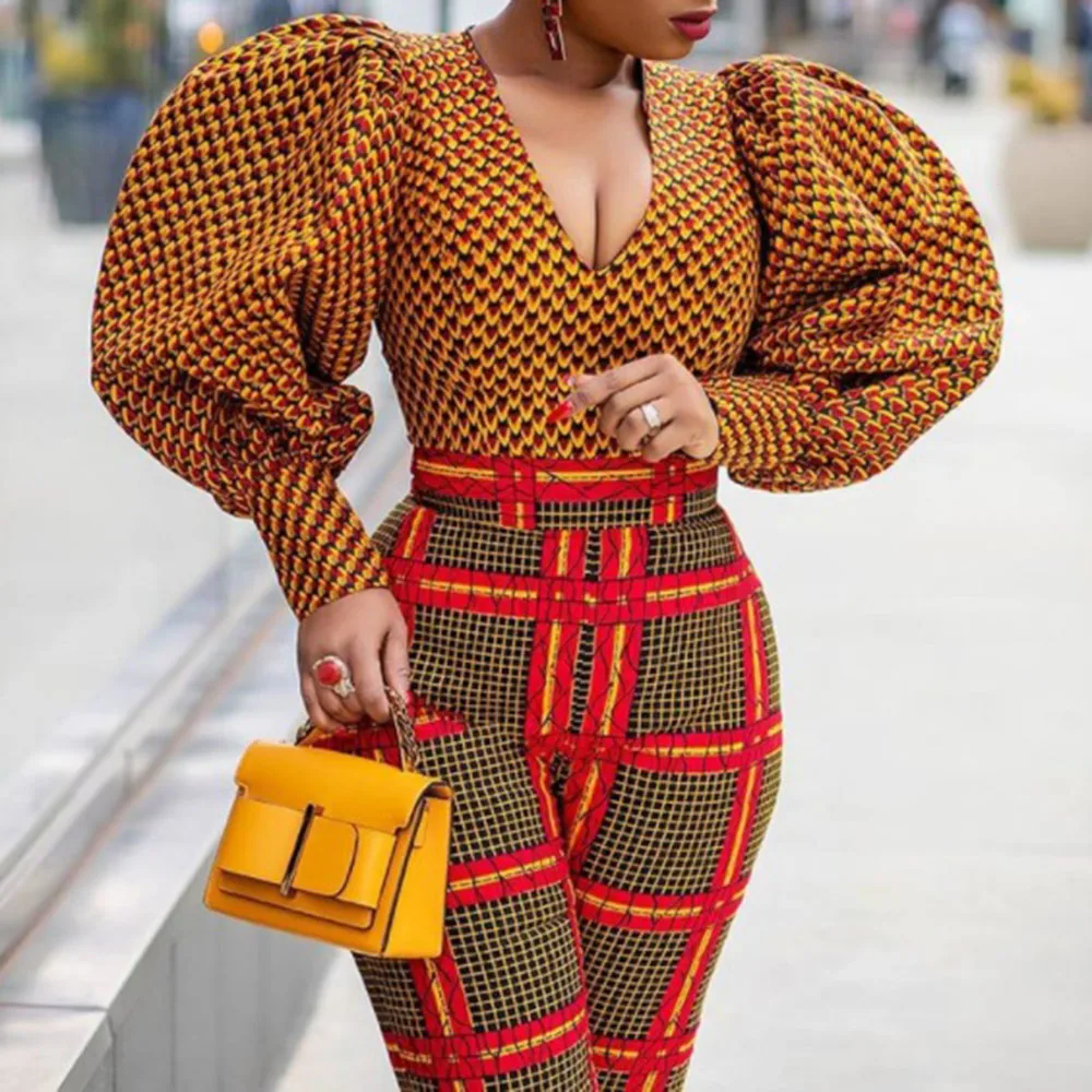 

2021 Western Style Fashion Temperament Loose Blouse Casual Designer Popular Thin Printing V-neck Puff Sleeve