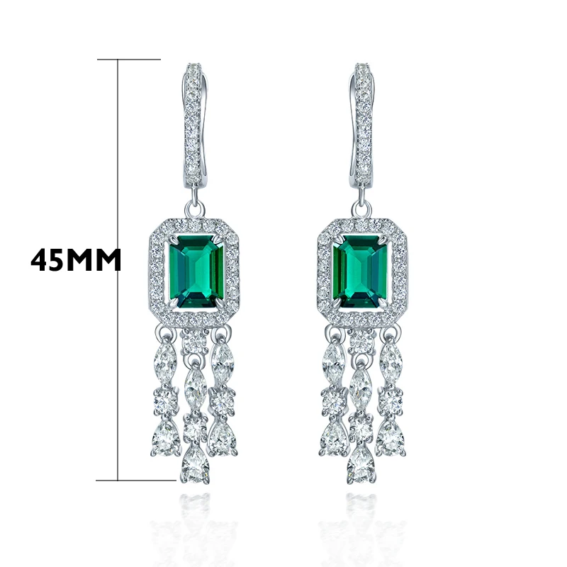 Женские серьги-кисточки из серебра 100% пробы с натуральным изумрудом 6 х8 мм -